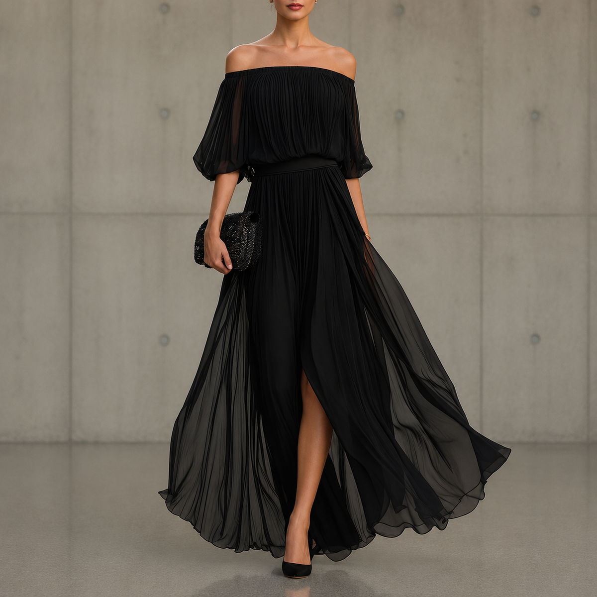 Genevieve | Off-shoulder chiffon dress with ruched skirt and side slit