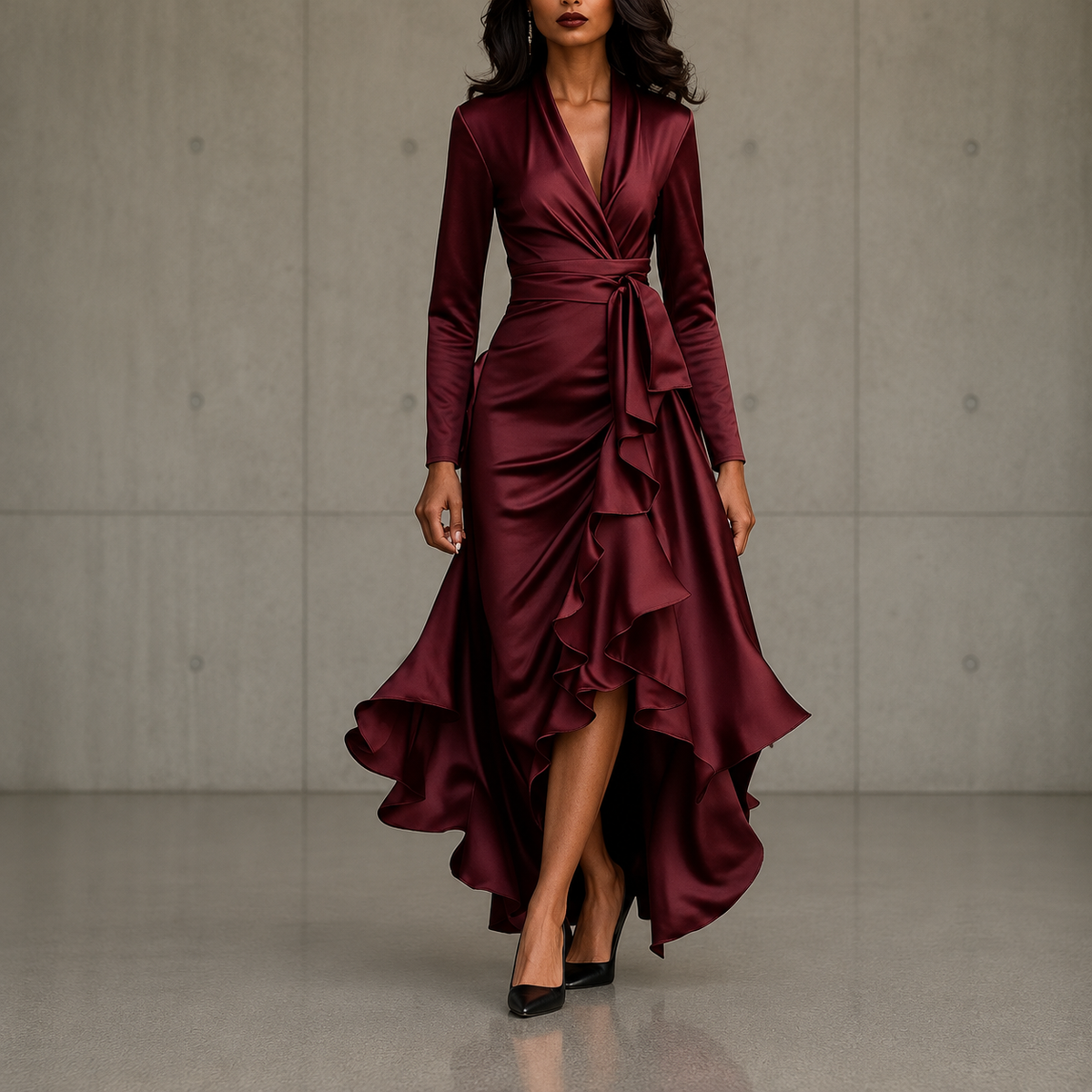 Charlotte | Long-sleeve evening dress with ruched V-neck bodice
