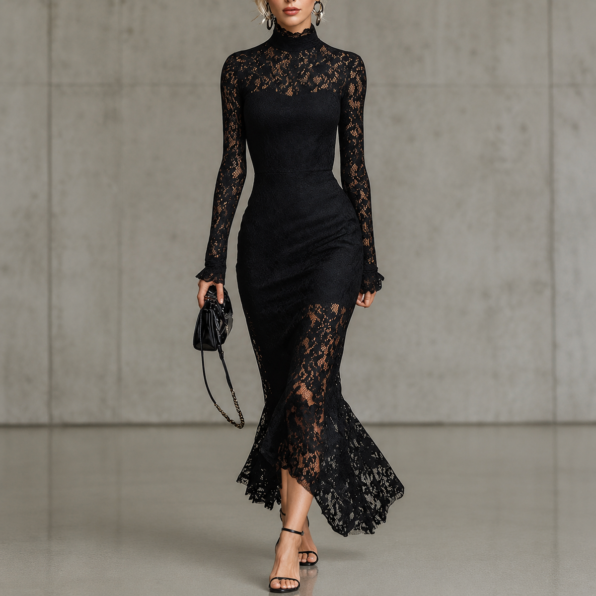 Arabella | Black lace evening dress with mock neck and long sleeves