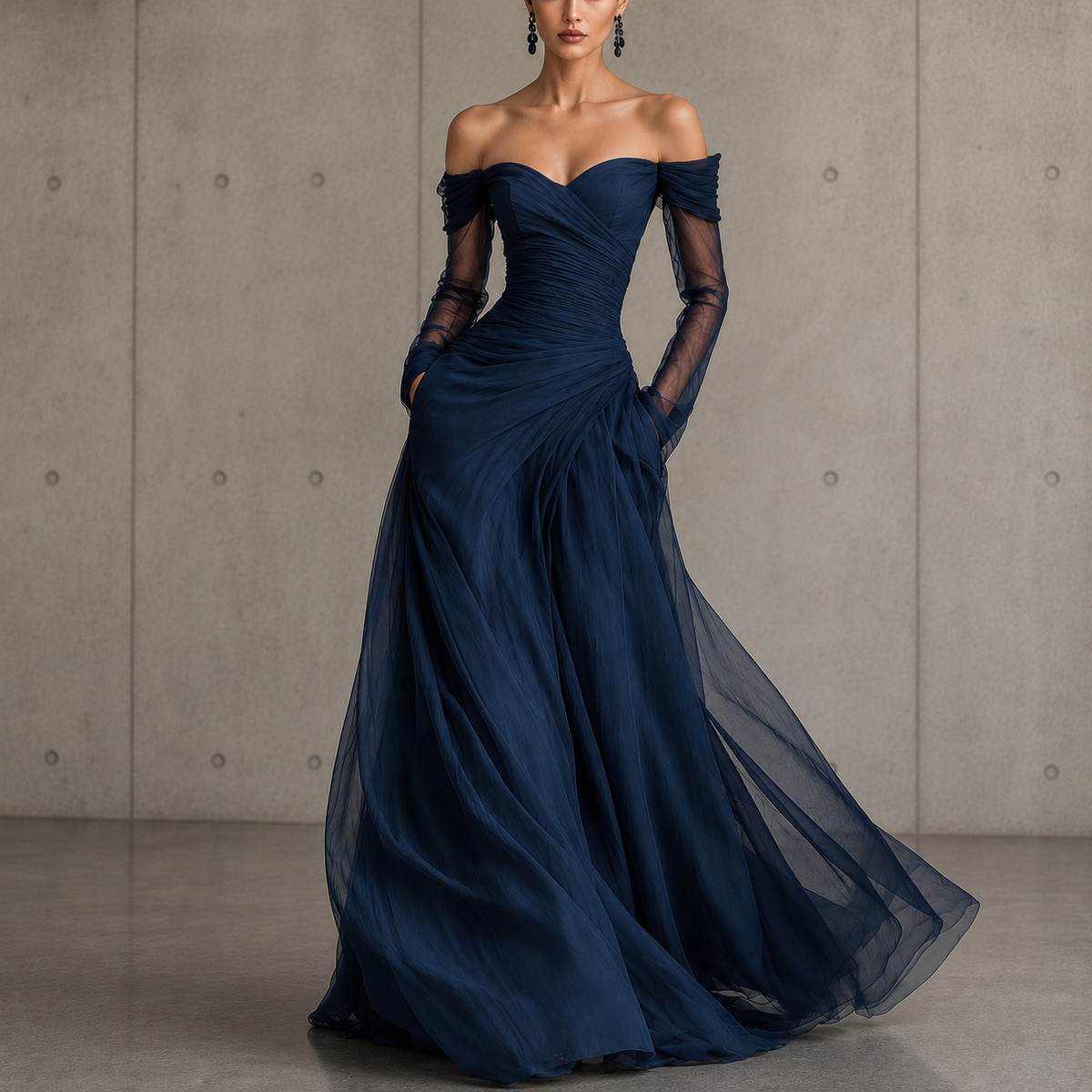 Scarlett | Navy tulle gown with off-shoulder sleeves and pleated skirt
