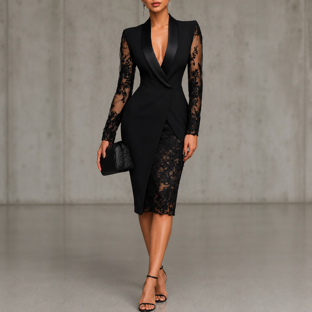 Seraphina | Black lace dress with deep V-neck and sheer sleeves