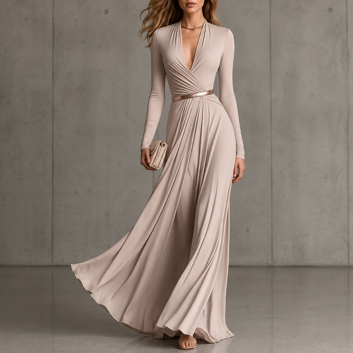Marguerite | Apricot maxi dress with deep V-neck and long sleeves