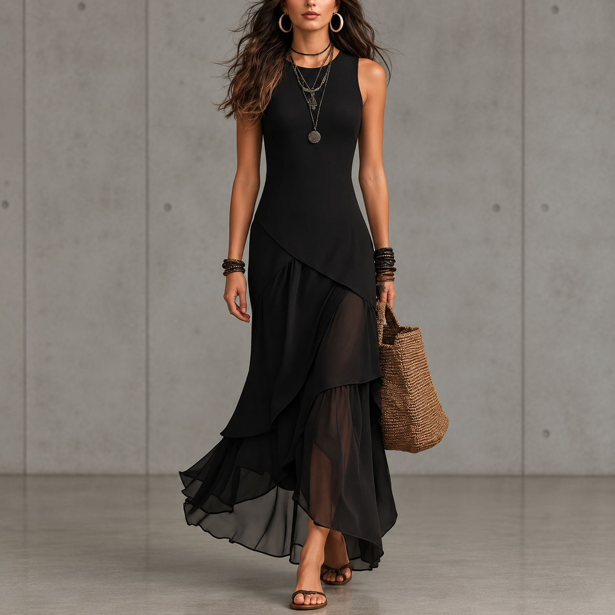 Odette | Black chiffon dress with ruffle trim and layered hem